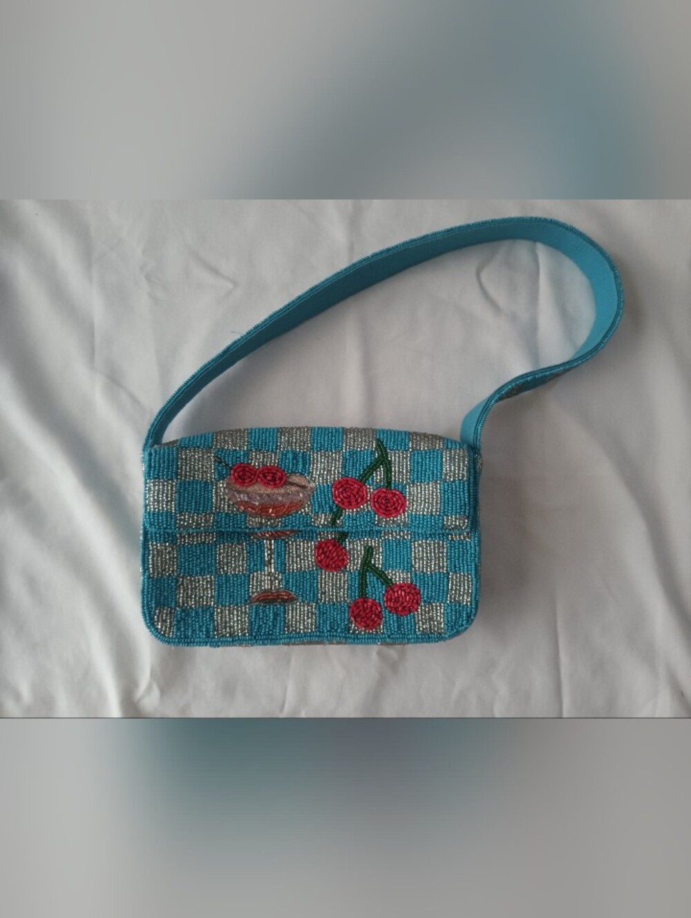 Anthropologie Turquoise Beaded Cherry Accent Shoulder Bag